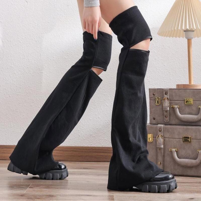 Women Punk Hollowed Out Thgh High Flared Leg Warmers Over Knee Long Socks Solid Color Leg Covers Stockings Streetwear