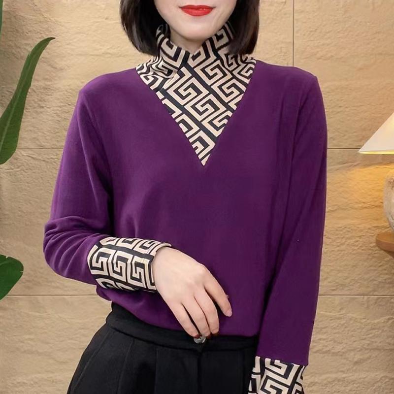 Double-sided German velvet semi-turtleneck bottoming shirt winter new inner warm versatile splicing design T-shirt women
