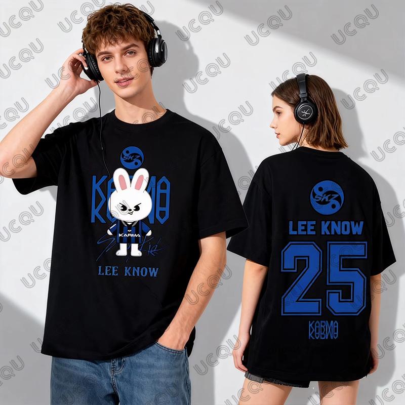 2026 Hot Sale Summer Kpop KARMA HYUNJIN Cartoon Print Cotton Couple Tshirt For Women Men Short Sleeve Tees Casual Kids/Adult Top