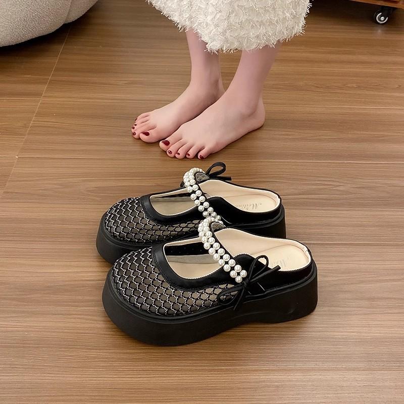 Thick-soled Bag Head Half Slippers Women's Summer Fashion Hole Sandals Lightweight Height-increasing Breathable Hollow Mesh Shoes