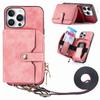 For iPhone 16 Pro Case Zipper Card Holder PU Leather Phone Back Cover with Long Strap