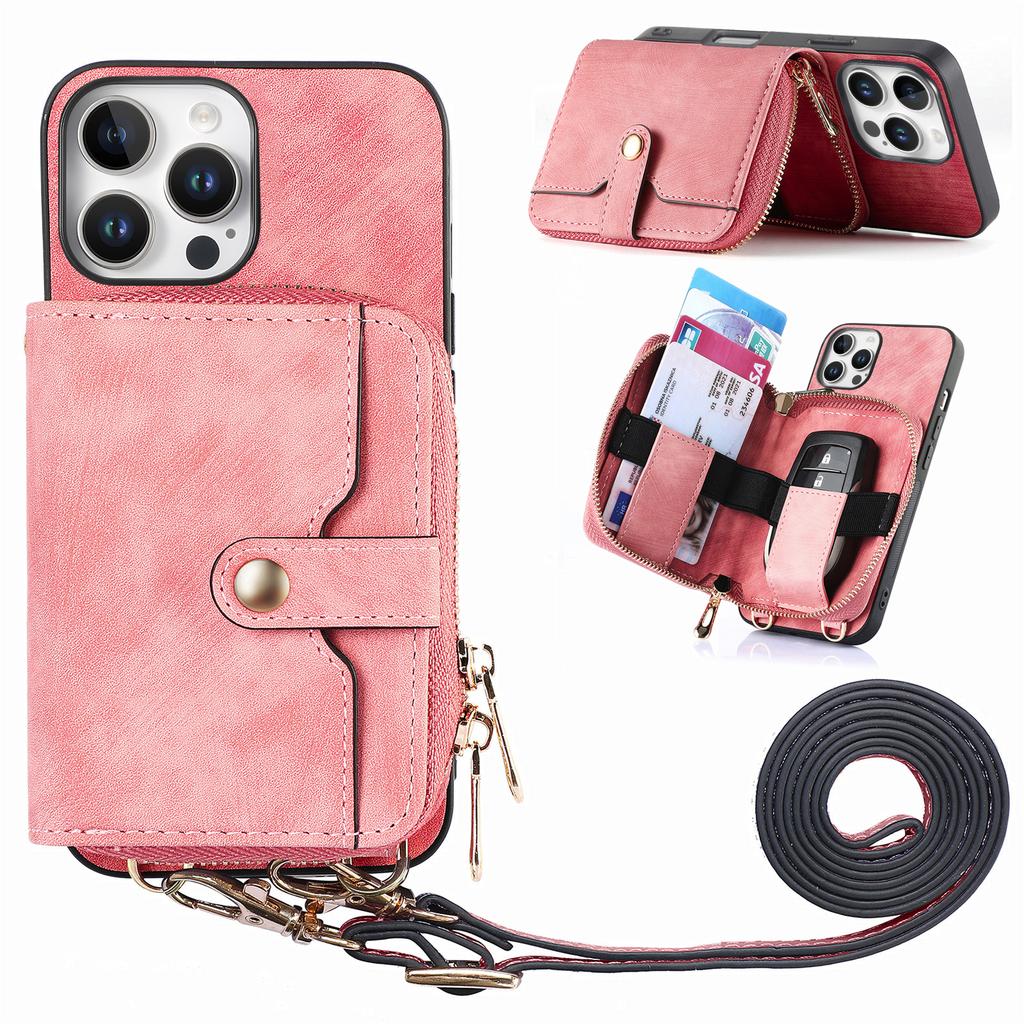 For iPhone 16 Pro Case Zipper Card Holder PU Leather Phone Back Cover with Long Strap