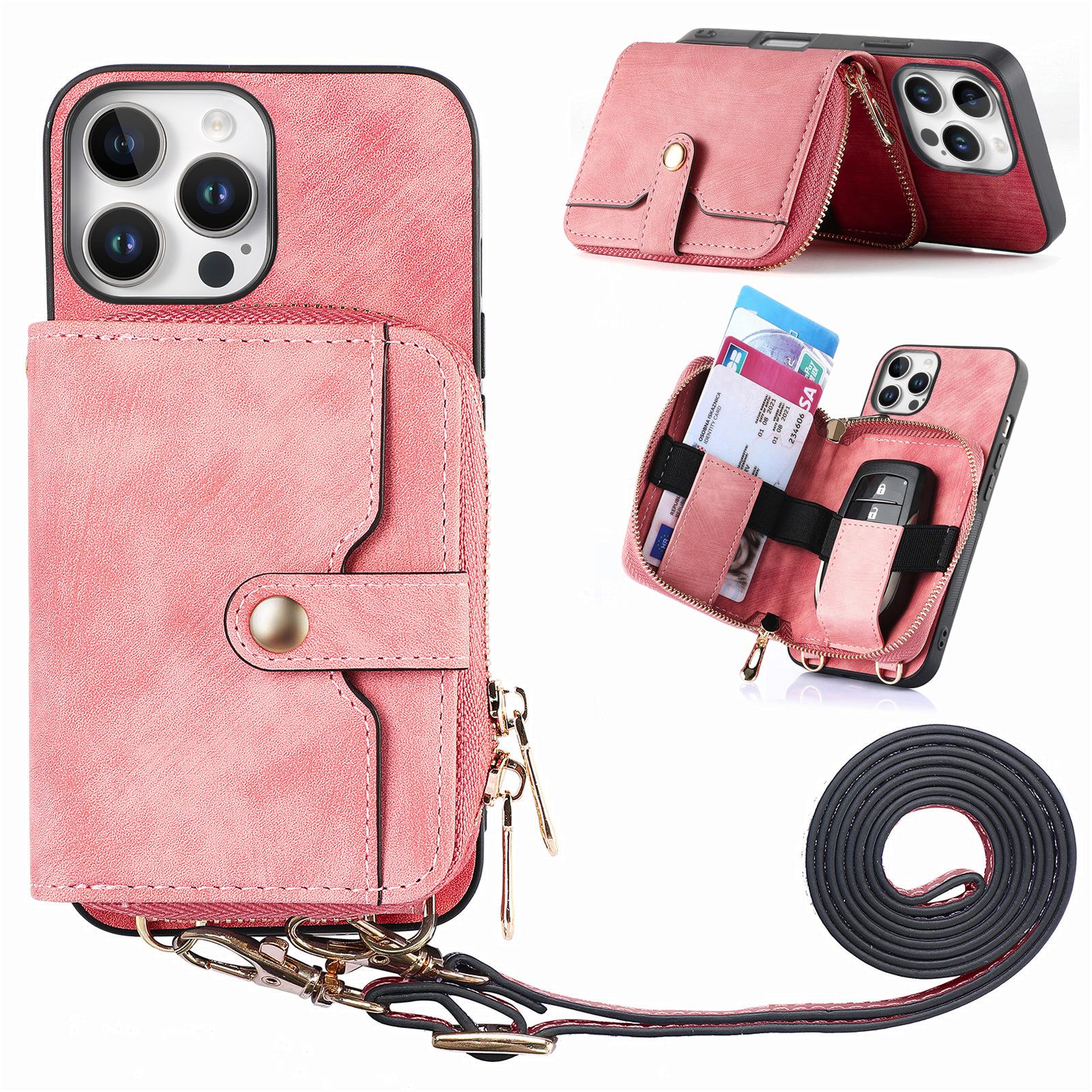 

For iPhone 16 Pro Case Zipper Card Holder PU Leather Phone Back Cover with Long Strap Pink