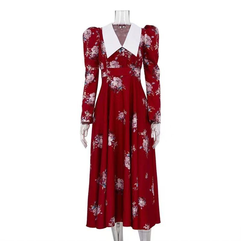 

European and American New Print Big Hemline Dress Temperament Waist Hugging Long dress Flip Collar Printed Dress Red L