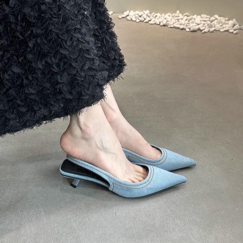French Stiletto Pointed Back Empty Sandals Fairy Shoes Fairy Single Shoes Summer Denim Bag Head Cat Heel Muller High Heels