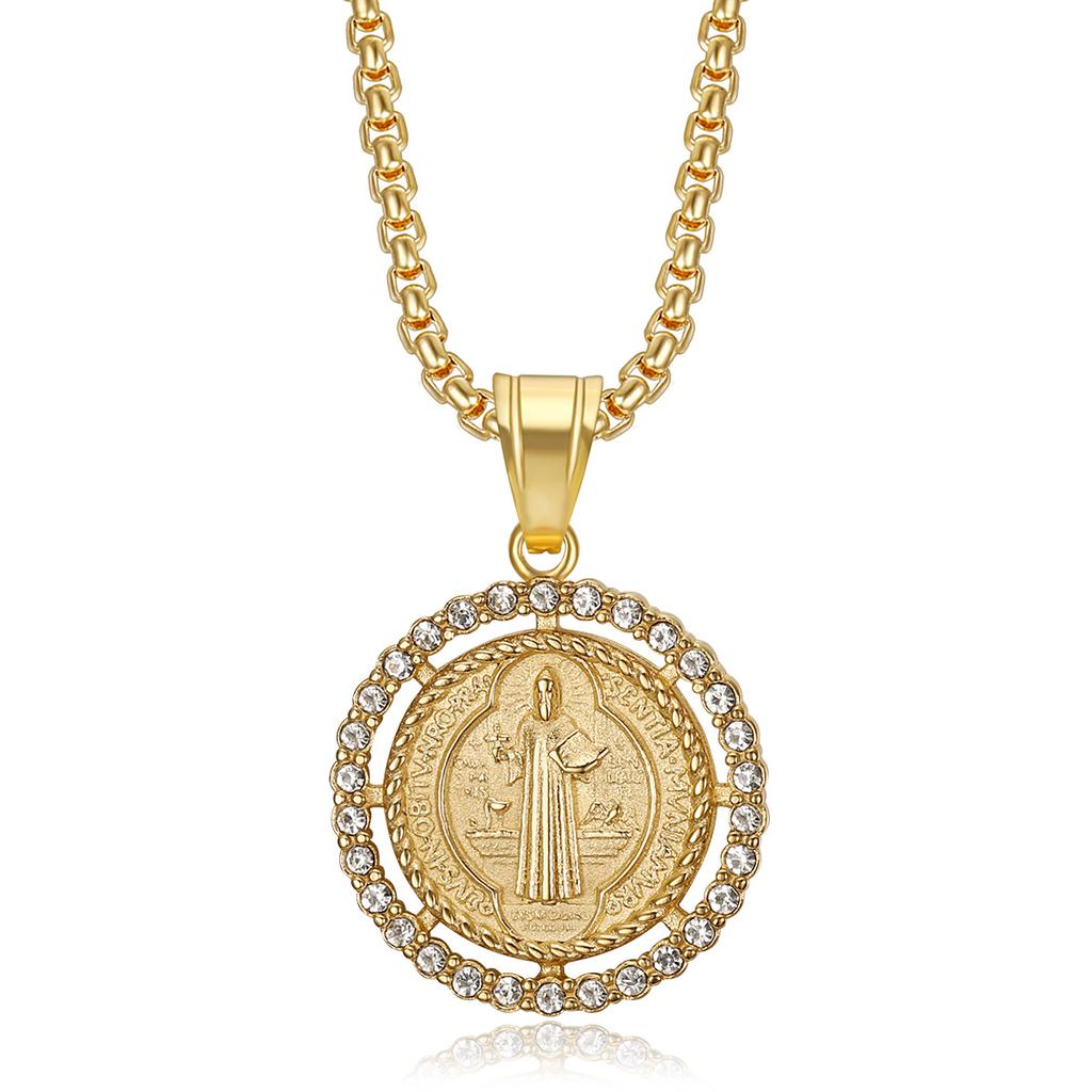Hot-Selling Hip-Hop Stainless Steel Gold-Plated Inlaid Diamond Father Saint Benedict Exorcist Pendant Necklace
