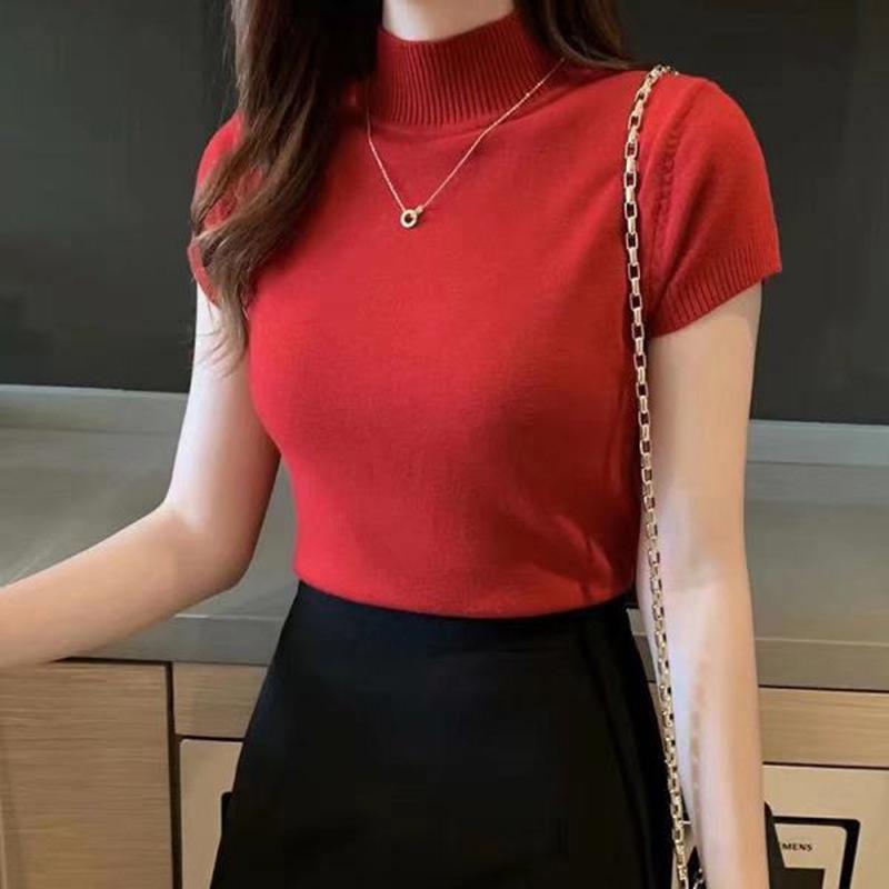 Women's Slim-Fit Large-Gauge Knit Half-High Neck Short Sleeve Top - Ideal Autumn/Winter Base Layer or Outerwear Sweater
