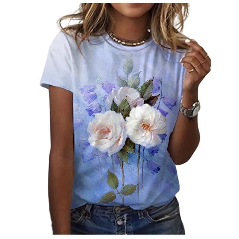 

Flower 3D Digital Printed Women s Casual and Fashionable Round Neck Short Sleeved T-shirt XS