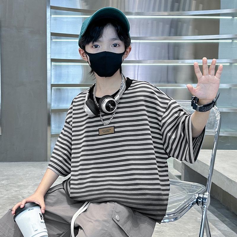 2025 Boys' Gradient Striped Short-Sleeve T-Shirt - Trendy Summer Top