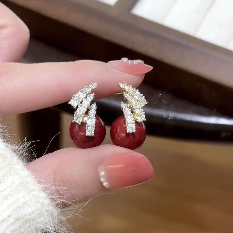Elegant Zircon Red Pearl Stud Earrings for Women - Retro S925 Sterling Silver Needle Jewelry