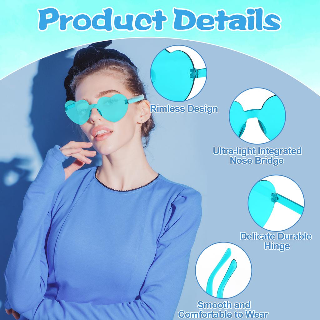 Piaopiaoniu 12 Stück Herzförmige Sonnenbrillen Blau Transparent Rahmenlos Hippie-Sonnenbrillen für Junggesellinnenabschied Frauen