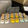 Fashion Eilyken Summer Yellow Thin Heels Slippers Sandals Women Square Toe Mules Beach Slides Leisure Shoes