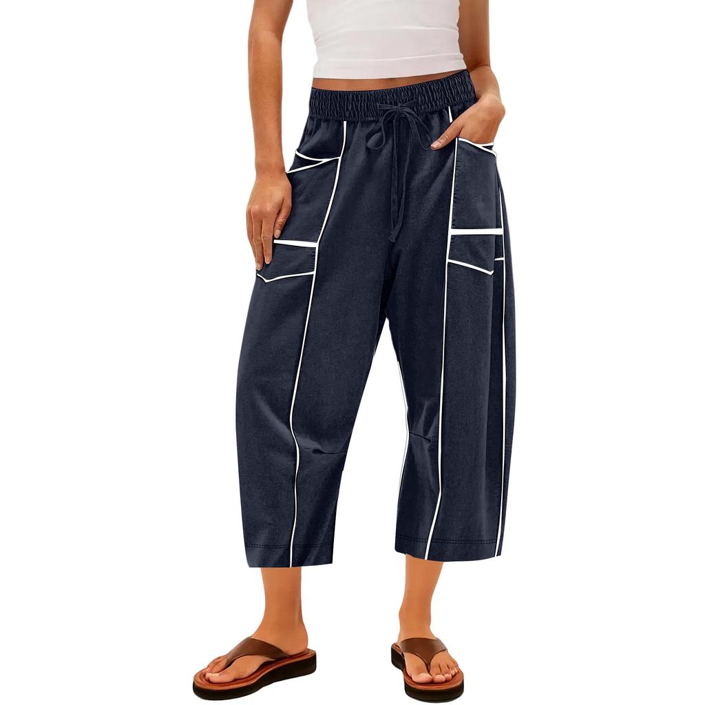 Ladies' Wide Leg Pants, High Waisted Straight Leg Pants, Spliced Pockets, Casual Cropped Pants