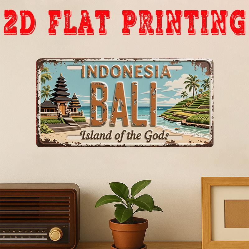 D Flachstück Vintage Aluminium Schild Dekorative Plakette und Schild Bali Schild Retro Wandkunst von Tempeln und Reisterrassen