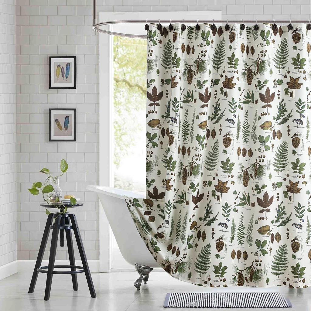 Floral Pattern Fabric Shower Curtain, Beige Gray Plant Bathroom Shower Curtain, Waterproof Bathroom Shower Curtain Curtain
