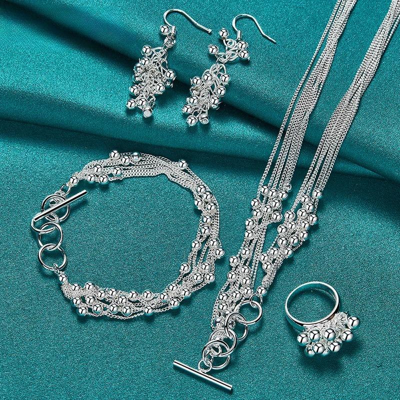 925 Sterling Silver Smooth Grape Beads Necklace Earring Ring Bracelet for Women Fashion Wedding Gift Charm Jewelry