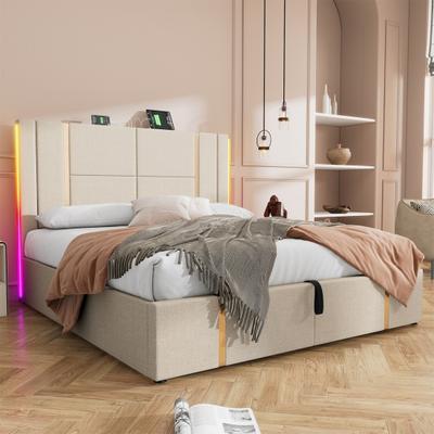 Leinenbezug Ladefunktion Bett mit Stauraum Matratze Kopfteil App-Steuerung Stabile Holzlattenrost-Unterstützung Bett Schlafzimmermöbel