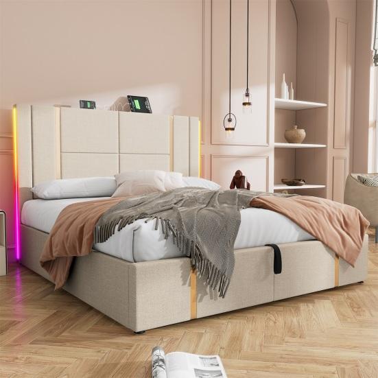 Linen Cover Charging Function Bed with Storage Space Mattress Headboard App Control Strong Wood Slat Support Bed Bedroom Furniture