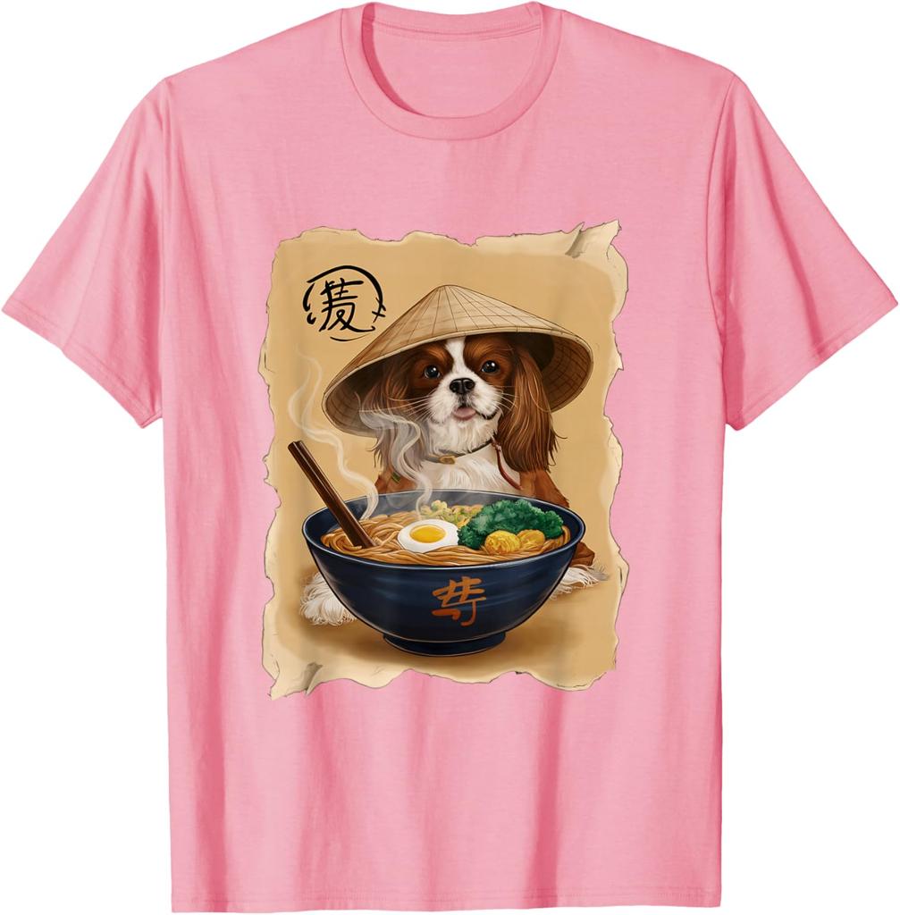 Cavalier King Charles Spaniel Eating Ramen Graphic T-Shirt Cool Asian Style Print Men's Casual Tee