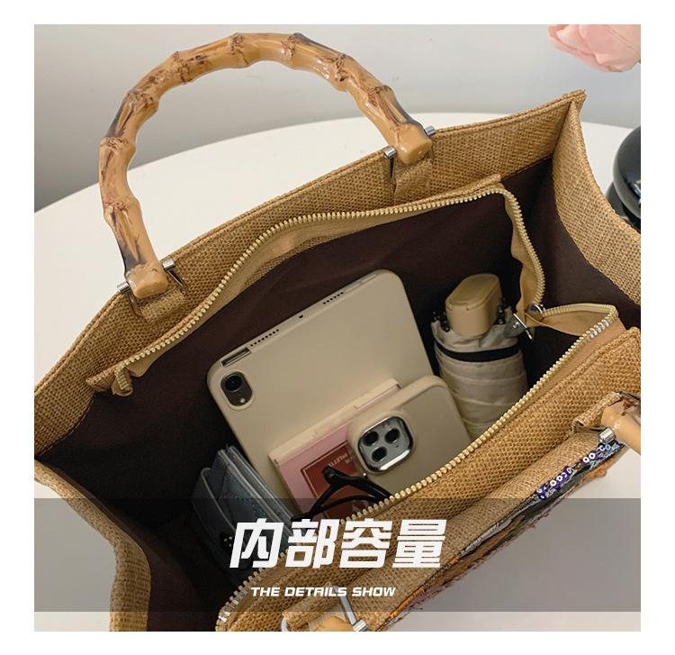 Mode Pailletten Stickerei Große Tragetaschen Bambusgriff Damen Handtaschen Blume Stroh Sommer Strandtasche Großer Shopper Geldbörsen 2025