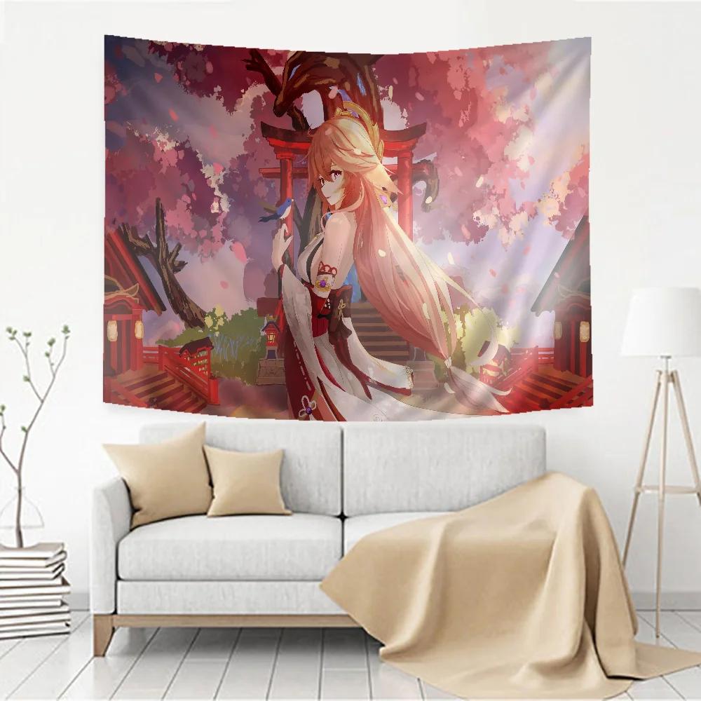 Cute Anime Genshin Impact Yae Miko Hippie Wall Hanging Tapestries for Living Room Home Dorm Decor Art Home Decor