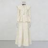 Court Style Lace Embroidery Solid Color Suit Large Lapel Waist Ruffled Top + A-shaped Long Dress