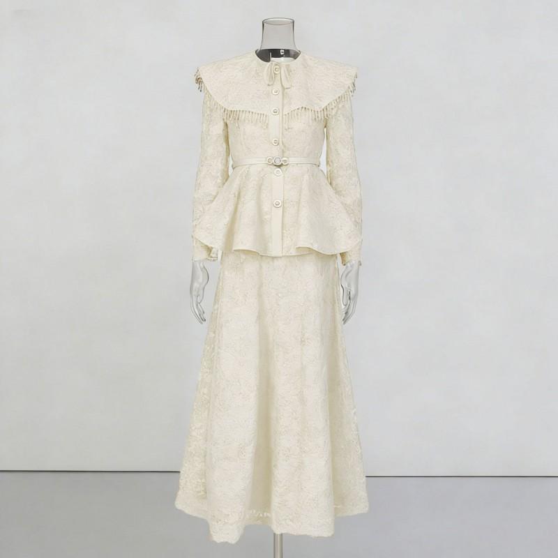 Court Style Lace Embroidery Solid Color Suit Large Lapel Waist Ruffled Top + A-shaped Long Dress