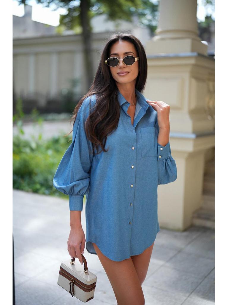 New Women's Fashion: Simple Solid Color Washed Denim Mid-Length Long Sleeve Shirt