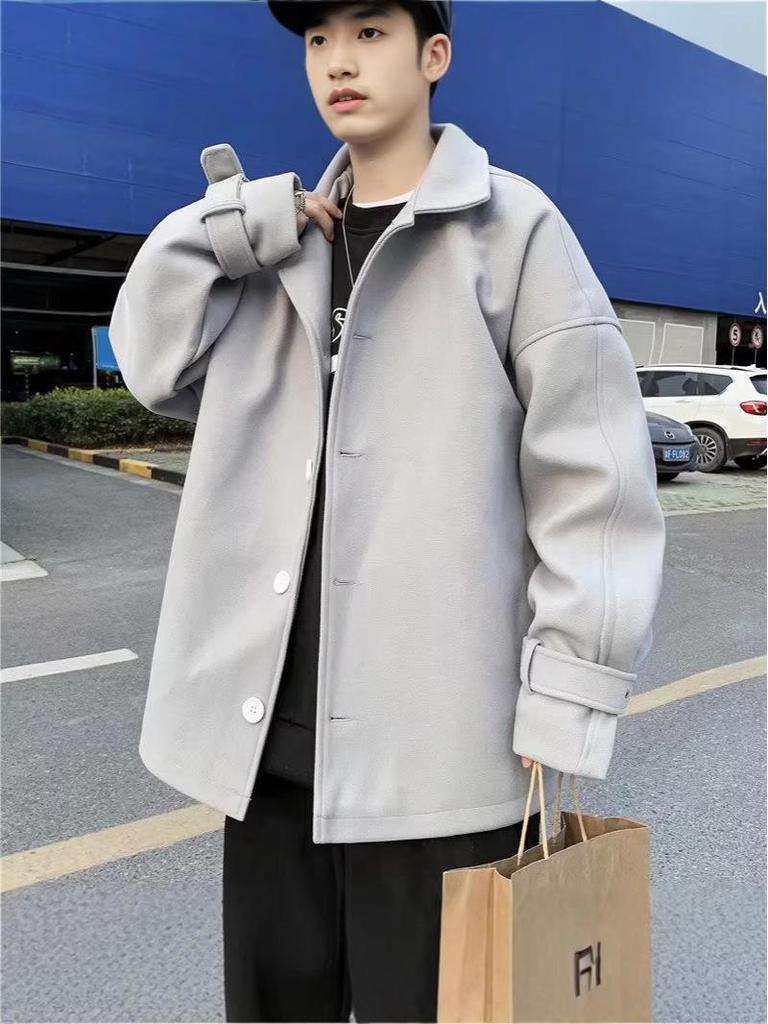 Men's Korean Style Woolen Coat - Single-breasted, Solid Color, Winter Casual Jacket for Couples