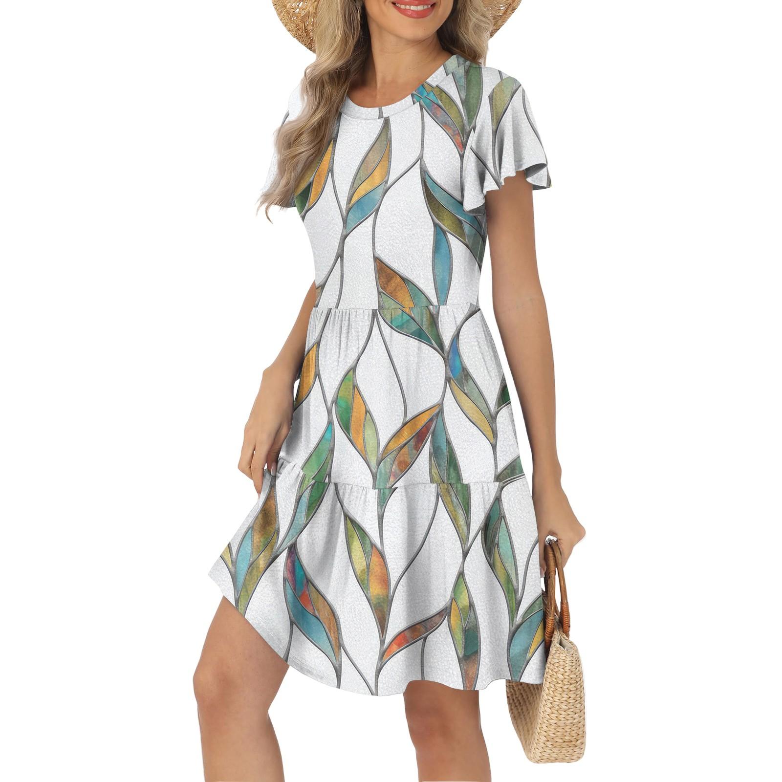 

Women s Summer Ruffle Sleeve Round Neck With Pockets Geometric Patchwork Printed Casual Dresses XL