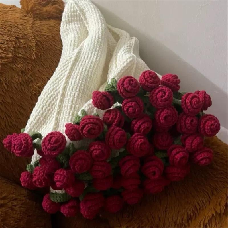 DIY Knitted Rose Flower Blanket Lovely Floral Throw Perfectly for Living Room Bedroom Decoration and Mother's Day Gift