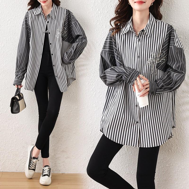 Johnature Spring Autumn Polo Neck Stripe Stitched Long-sleeved Shirt Tops Casual Simple Loose Irregular Women Tops