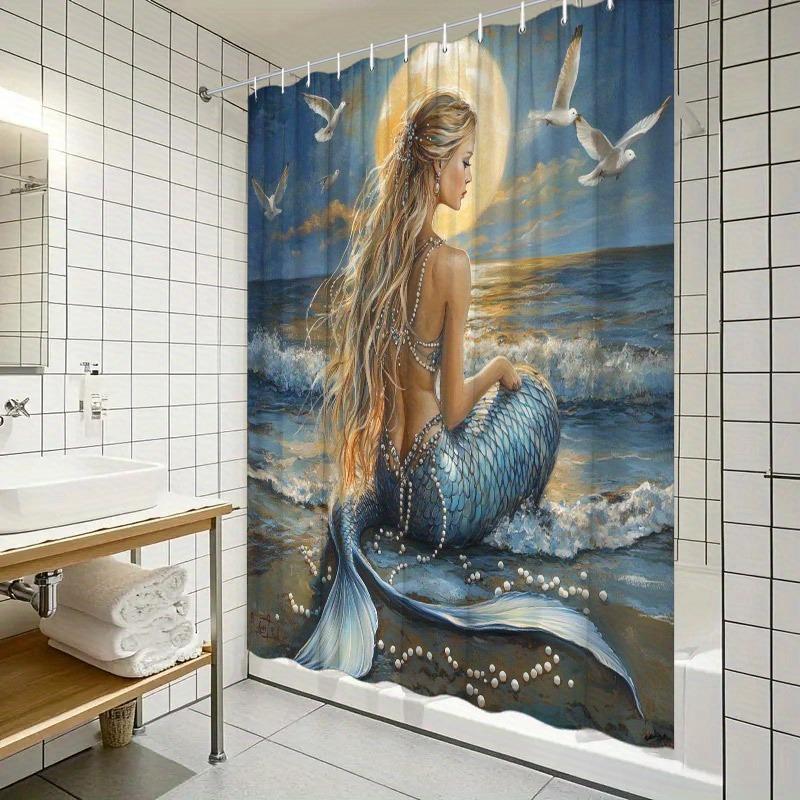 Mermaid Moonlight Beach Shower Curtain Washable Dirt-Resistant Shower Head Waterproof Polyester Bath Curtain For Home Decor