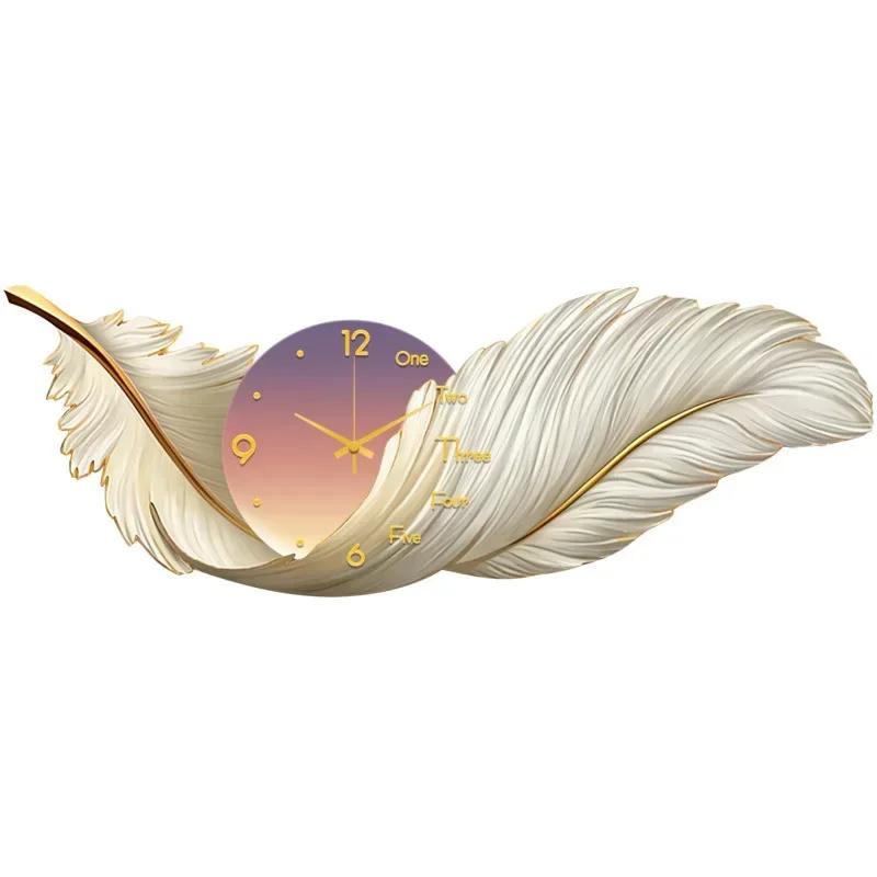 Wall Clock Large Luxury Art Clocks Decor Picture Silent Living Room Wall Feather Decoration Watch Renoj De Pare Home DecorP4M5U3