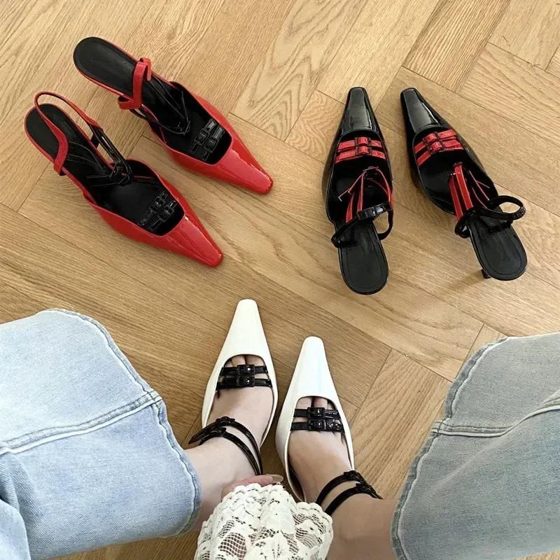 Novelty Straps Buckle Designer Thin High Heels Women Sexy Pointed Toe Heeled Sandals Patent Leather Women Pumps Wedding Shoes