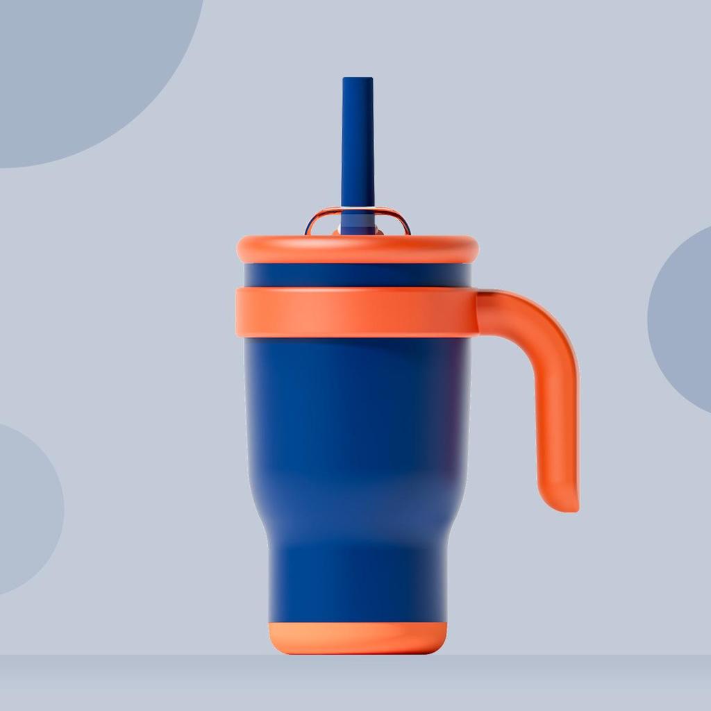 14oz Color Block Straw Cup for Kids - Stainless Steel Thermos with Handle