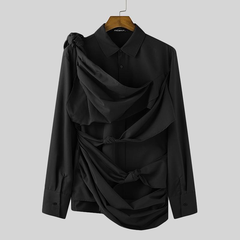 INCERUN Men Irregular Ruffled Shirts Front Cross Hollow Long Sleeve Tops