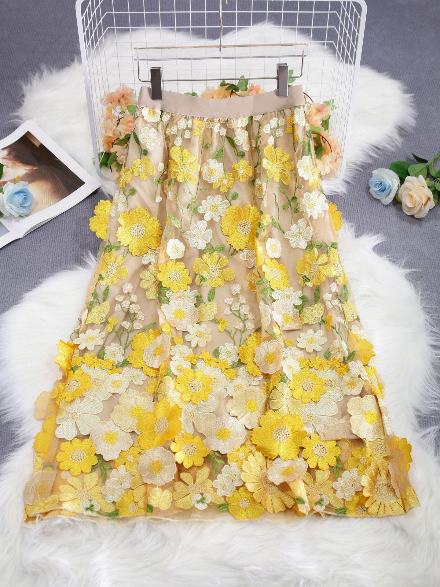 Вышитая 3D-юбка-трапеция с цветочным узором | Европейская и американская мода One Size жёлтый