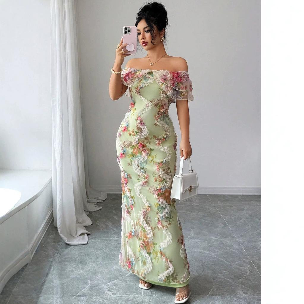 Tongyuan new women's elegant French floral flower print one-word shoulder long hip dress