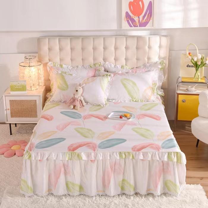 3pcs Sheet Set High Grade 100% Cotton Printed Bedspread King Queen Size Cute Pure Cotton Thick Bed Skirt with 2pcs Pillowcase
