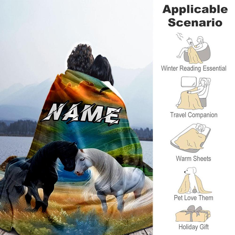 Black White Horse Customize Your Name Blanket Cozy Customizable Blanket Soft Warm Cozy Suitable for Nap Bedding Office Bed All-Season Use