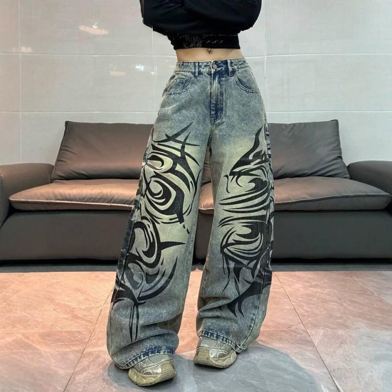 Pantalones Vaqueros Anchos Estampados de Mujer de Talle Alto Streetwear Ajuste Holgado Pantalones Largos