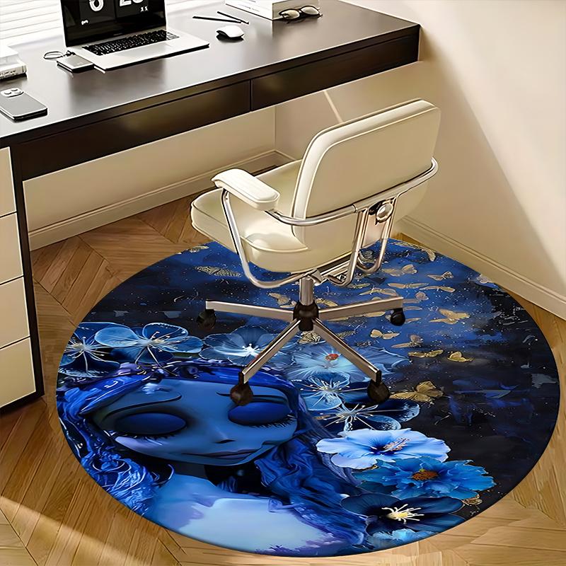 Ethereal Blue Floral Chair Mat - Round Carpet for Home Decor, Office Use, Living Room, Bedroom, Gift Idea0242b