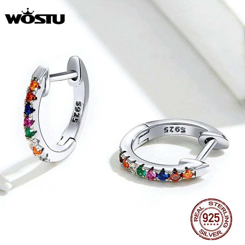WOSTU Rainbow Hoop Earrings 925 Sterling Silver Colorful Zirconia Round Circle Silver Earrings For Women Zircon Fashion Jewelry