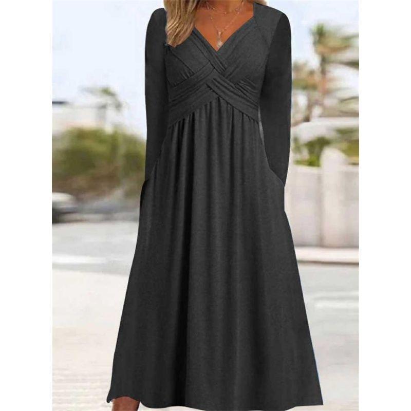 Fashion Women Dress Casual Ladies Skirt Solid V-neck Long sleeve dress Women