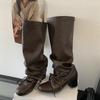 Fake Two-piece Wide Tube Boots Strap Leather High-heeled Knight Boots Retro Round Head Thick Heel Pleated Stack Boots