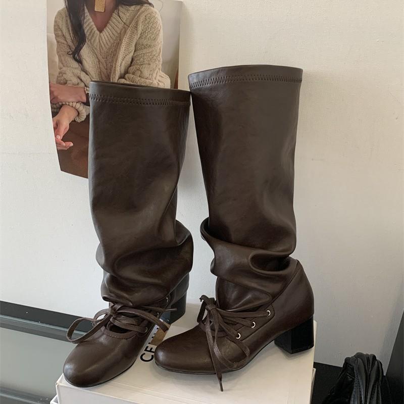 Fake Two-piece Wide Tube Boots Strap Leather High-heeled Knight Boots Retro Round Head Thick Heel Pleated Stack Boots