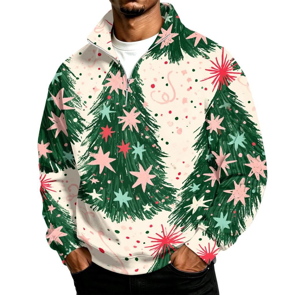 Men's Casual 1/4 Zip Mock Neck Sweatshirt with Christmas Print Pullover