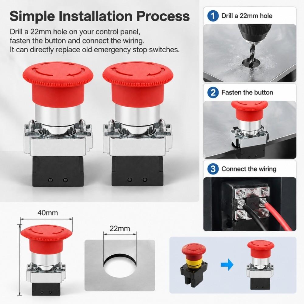 2PCS Round Head Push Button Switch Mushroom E-Stop Button for XB2-BS542/ZB2-BE102C Machine Safety
