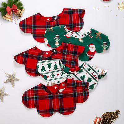 360° Christmas Day Baby Bibs for Infant Boys Girls Plaid Saliva Towel Cute Korea O Neck Adjustable Button Feeding Burp Cloth